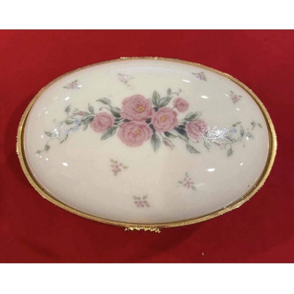 Vintage Lenox Porcelain Oval Floral Pink Rose Painted Jewelry Hinged Trinket Box
